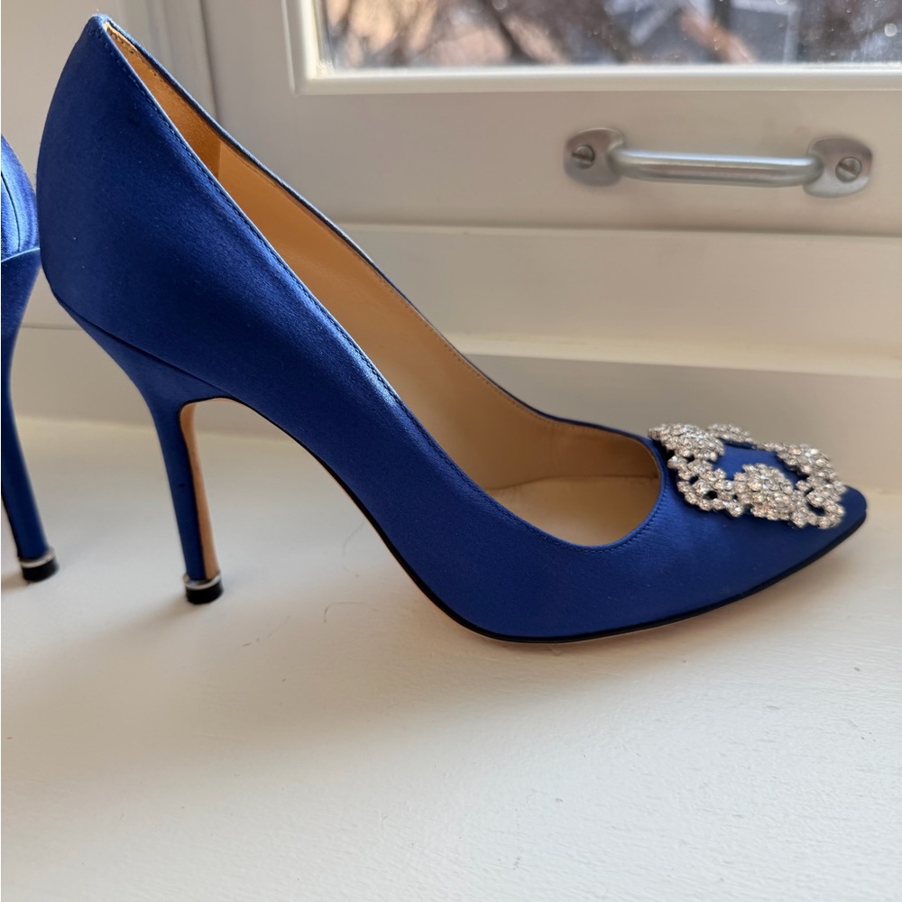 Manolo Blahnik Blue Satin Pumps with Crystal Embellishments - Picture 5 of 6